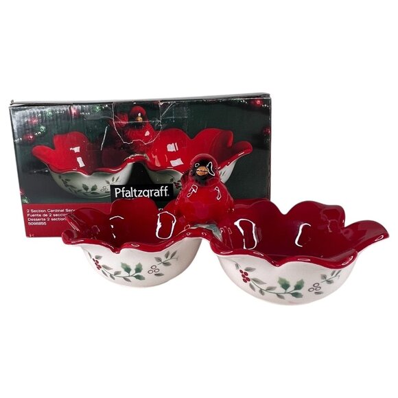 Pfaltzgraff Winterberry 2 Section Cardinal Server Bowl Snack Candy Dish Xmas - Picture 1 of 12